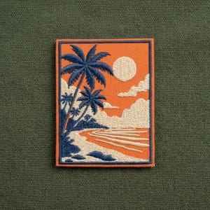 Retro solnedgångsstrandmärke, broderad palmträdsapplikation, tropisk semestermärke