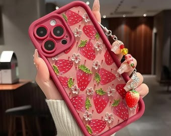 Flower Strawberry Painting Pendant Chain Phone Case for iPhone