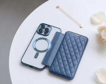Wallet Flip Leather Case | Luxury Lattice MagSafe Wireless Charging Cover for iPhone