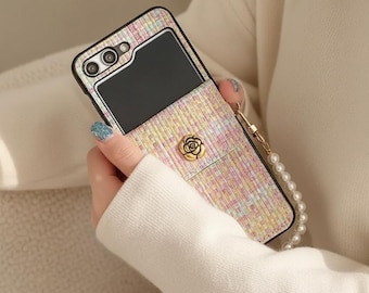 Tweed Wallet Case with Pearl Strap for Samsung Galaxy Z Flip | Card Holder Cover