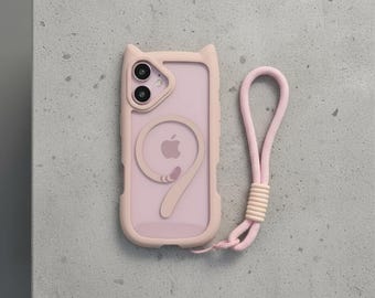 MagSafe Cat Ear iPhone Case | Transparent Armor Wrist Strap Cover