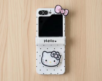 Cute Cartoon Sanrio Hello Kitty Wave Point Bow Phone Case for Samsung Galaxy Z Flip 7 6 5 4 3 – Soft TPU Cover with Lanyard