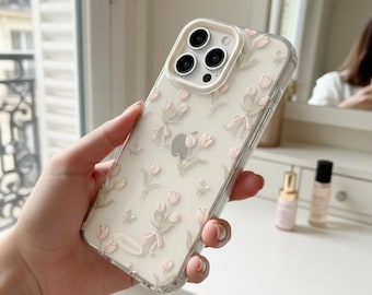 Pink Tulip Floral iPhone Case | Transparent Shockproof Cover (iPhone 13-17)