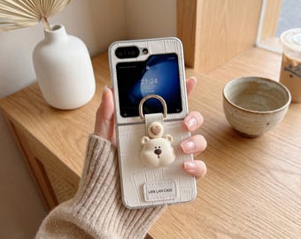 Cream Crocodile Leather Phone Case with Bear Ring for Samsung Galaxy Z Flip Series