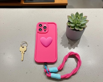 Luxury 3D Love Heart Matte Soft Lanyard Rope Phone Case for iPhone