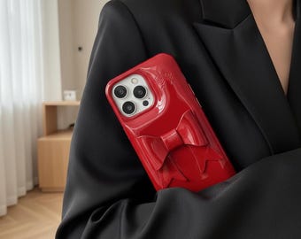 Korean Glossy Red 3D Bow iPhone Case | Vintage Statement Soft Cover