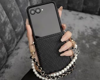 Snake Texture PU Leather Phone Case Pearl Bracelet Lanyard for Samsung Galaxy Z Flip