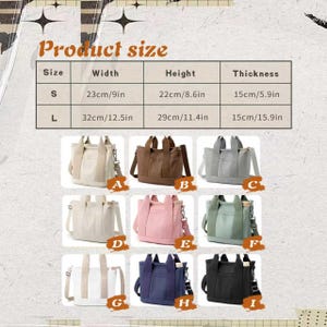 May include: A product size chart for tote bags with dimensions in inches and centimeters, displaying nine bags labeled A through I in various colors including white, brown, gray, pink, green, navy, and black, each featuring two handles and a strap.