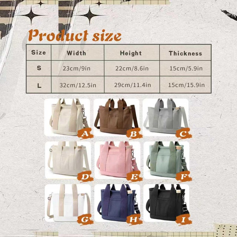 May include: A product size chart for tote bags with dimensions in inches and centimeters, displaying nine bags labeled A through I in various colors including white, brown, gray, pink, green, navy, and black, each featuring two handles and a strap.