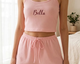 Custom Embroidered Ribbed Pajama Set | Personalized Name Sleepwear for Women | Aesthetic Loungewear Birthday Gift | Cami Shorts Sleep Set