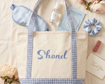 Fourre-tout en toile vichy avec nom personnalisé | Cadeau brodé personnalisé de demoiselle d'honneur | Grand sac de plage Bachelorette | Sac fourre-tout nuptiale BCBG