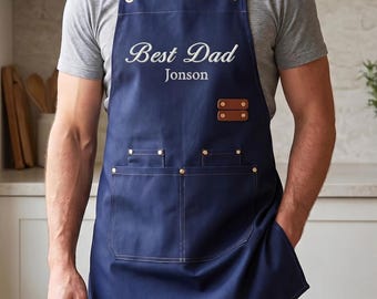 Tablier brodé personnalisé pour homme | tablier en toile pour papa de style barbecue avec nom personnalisé | Cadeau de fête des pères pour lui | Tablier de cuisine de chef