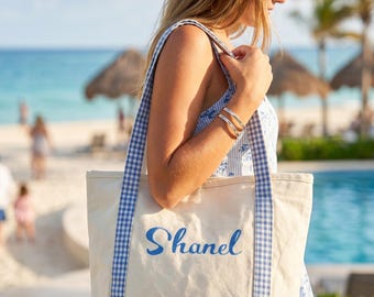 fourre-tout brodé Vichy personnalisé | Grand sac de plage en toile avec nom personnalisé | Esthétique preppy pour les vacances d'été | Cadeau pour elle femme