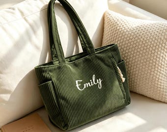 Custom Embroidered Corduroy Tote Bag with Name, Personalized Aesthetic Shoulder Bag, Monogrammed Tote for Her, Eco Friendly Gift Bag, Purse