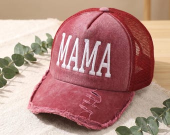 Casquette trucker brodée maman | Casquette de baseball délavée vieillie personnalisée pour maman | snapback en maille vintage | Cadeau de fête des mères pour une nouvelle maman