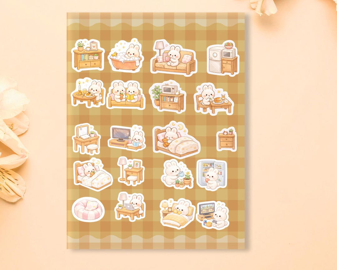 Kawaii Bunny Cozy Home Sticker Sheet | Pastel Planner Journal Art (PDF ...