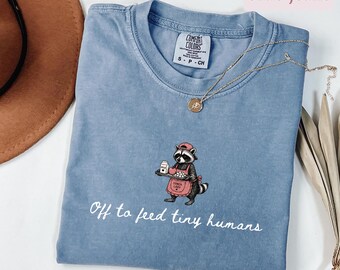 Minimalist Raccoon Lunch Lady Shirt, Feed Tiny Human Retro Back to School Childcare Provider Gift, School Cafeteria Worker Kitchen Staff