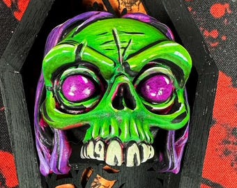 Hand Painted Skull Miniature Bust | Comic Art Horror Figure | OOAK Coffin Display