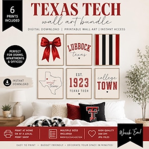 May include: A digital wall art bundle featuring six prints with Texas Tech themes. Designs include a red bow, the text Lubbock Texas, black and red stripes, a map of Texas, the text Est. 1923 Texas Tech, and the text college TOWN, all in red and black.