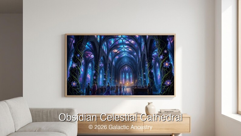 4K Afrofuturist digital art: Obsidian Celestial Cathedral — Galactic Ancestry. Black art instant download print.