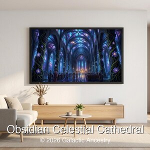 4K Afrofuturist digital art: Obsidian Celestial Cathedral — Galactic Ancestry. Black art instant download print.