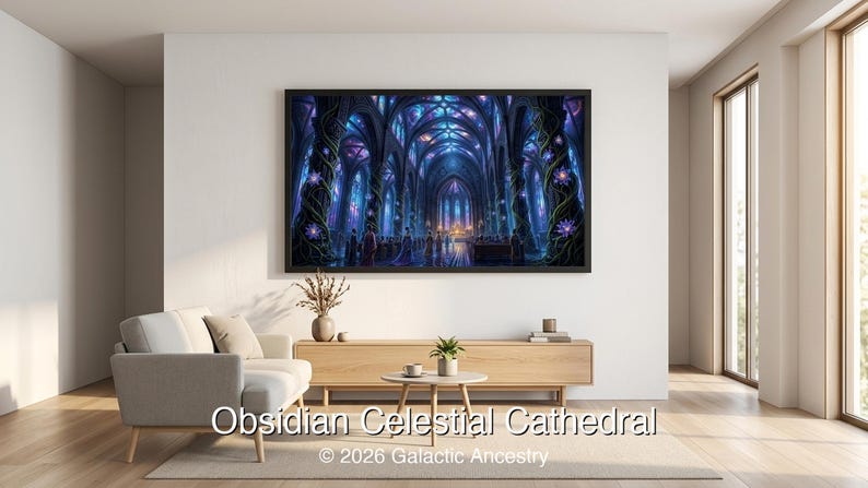 4K Afrofuturist digital art: Obsidian Celestial Cathedral — Galactic Ancestry. Black art instant download print.