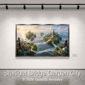 4K Afrofuturist digital art: Starlight Bridge Garden City — Galactic Ancestry. Black art instant download print.