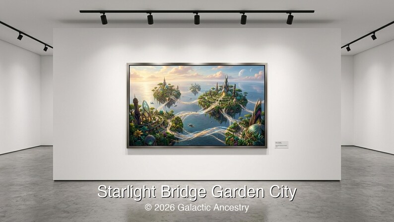 4K Afrofuturist digital art: Starlight Bridge Garden City — Galactic Ancestry. Black art instant download print.