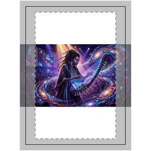 May include: An artistic illustration of a person playing a stringed instrument, possibly a harp, on a stage. The background features a crowd and a cosmic, galaxy-like design with purple and blue hues. The person is wearing a dark outfit.