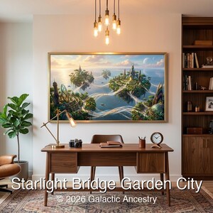 4K Afrofuturist digital art: Starlight Bridge Garden City — Galactic Ancestry. Black art instant download print.