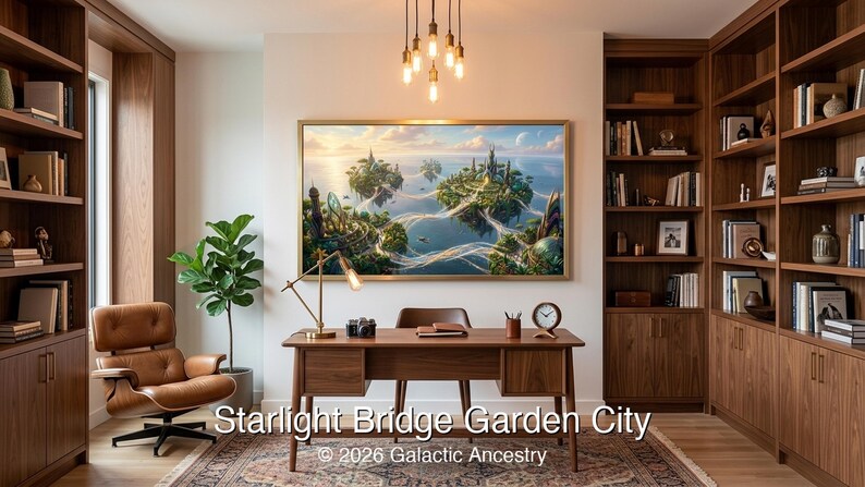 4K Afrofuturist digital art: Starlight Bridge Garden City — Galactic Ancestry. Black art instant download print.