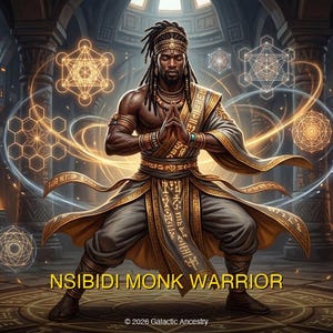 4K Afrofuturist digital art: Nsibidi Monk Warrior — Galactic Ancestry. Black art instant download print.