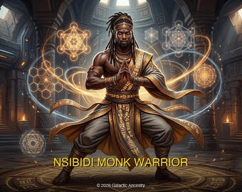 May include: Digital artwork of a muscular man in a monk's attire, with dreadlocks and a headband, in a meditative pose. The image features geometric shapes and glowing lines, with the text "NSIBIDI MONK WARRIOR". The background is a stone chamber.