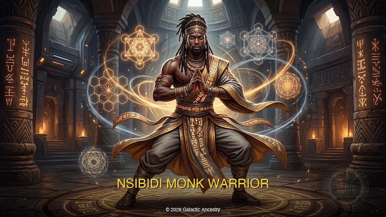 4K Afrofuturist digital art: Nsibidi Monk Warrior — Galactic Ancestry. Black art instant download print.