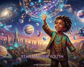 Star Mapper Youth / Impresión de arte digital / Niños y jóvenes / Arte mural afrofuturista / Generado por IA