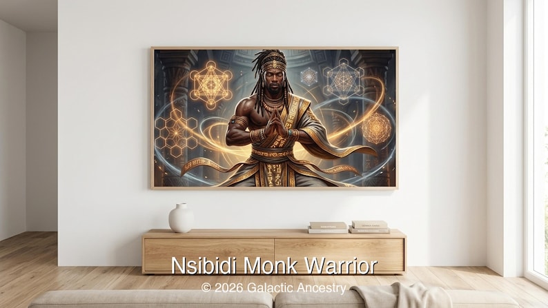 4K Afrofuturist digital art: Nsibidi Monk Warrior — Galactic Ancestry. Black art instant download print.