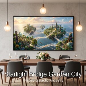 4K Afrofuturist digital art: Starlight Bridge Garden City — Galactic Ancestry. Black art instant download print.