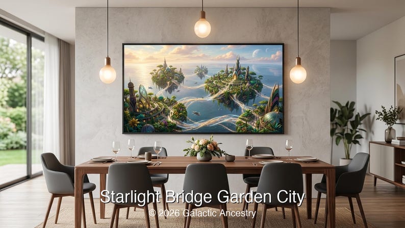 4K Afrofuturist digital art: Starlight Bridge Garden City — Galactic Ancestry. Black art instant download print.