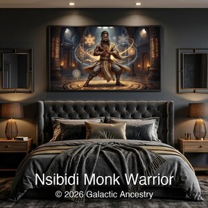 4K Afrofuturist digital art: Nsibidi Monk Warrior — Galactic Ancestry. Black art instant download print.