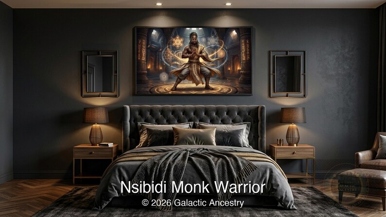 4K Afrofuturist digital art: Nsibidi Monk Warrior — Galactic Ancestry. Black art instant download print.