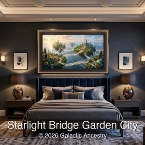 4K Afrofuturist digital art: Starlight Bridge Garden City — Galactic Ancestry. Black art instant download print.
