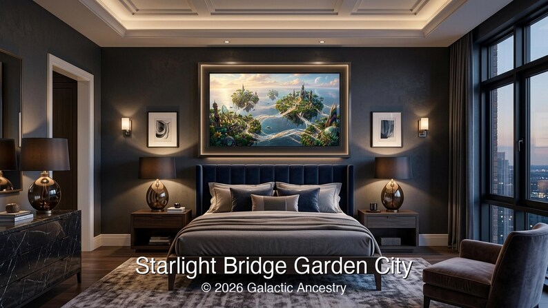 4K Afrofuturist digital art: Starlight Bridge Garden City — Galactic Ancestry. Black art instant download print.