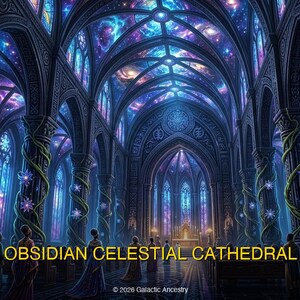 4K Afrofuturist digital art: Obsidian Celestial Cathedral — Galactic Ancestry. Black art instant download print.