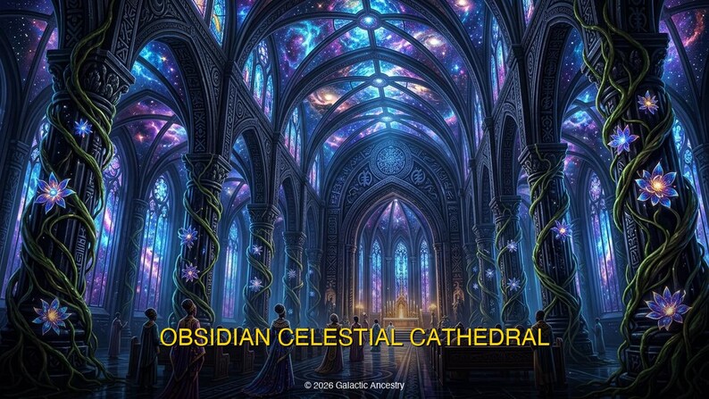 4K Afrofuturist digital art: Obsidian Celestial Cathedral — Galactic Ancestry. Black art instant download print.