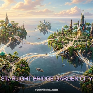 4K Afrofuturist digital art: Starlight Bridge Garden City — Galactic Ancestry. Black art instant download print.