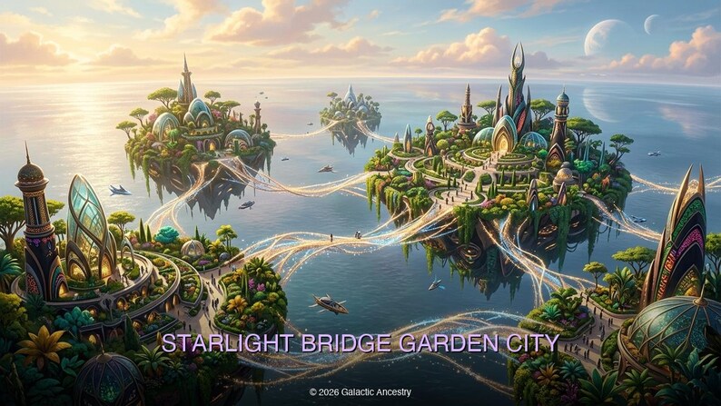 4K Afrofuturist digital art: Starlight Bridge Garden City — Galactic Ancestry. Black art instant download print.