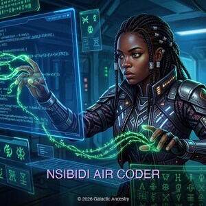 4K Afrofuturist digital art: Nsibidi Air Coder — Galactic Ancestry. Black art instant download print.