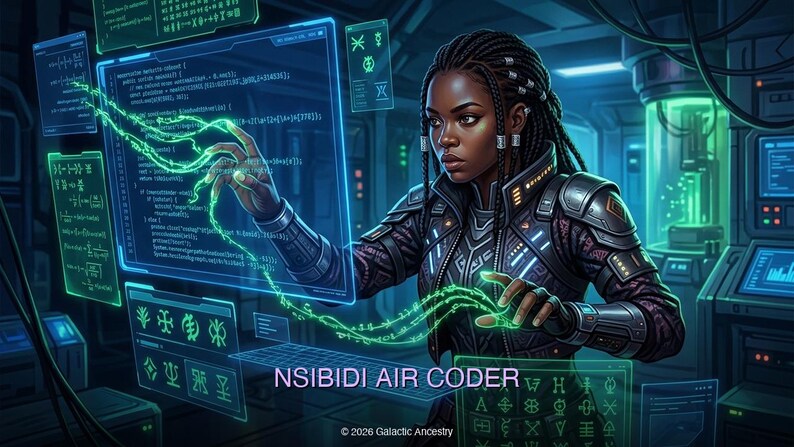 4K Afrofuturist digital art: Nsibidi Air Coder — Galactic Ancestry. Black art instant download print.