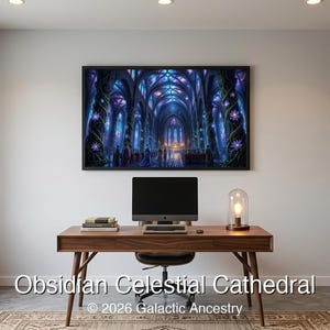 4K Afrofuturist digital art: Obsidian Celestial Cathedral — Galactic Ancestry. Black art instant download print.