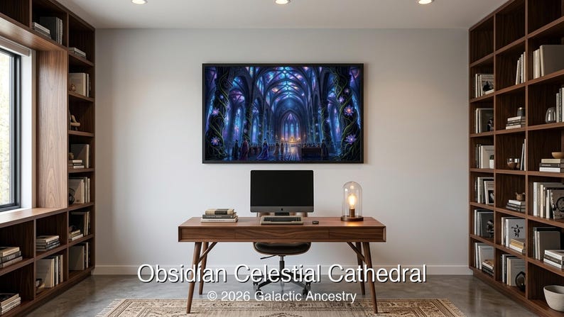 4K Afrofuturist digital art: Obsidian Celestial Cathedral — Galactic Ancestry. Black art instant download print.